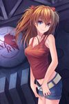  blue_eyes breasts brown_hair covered_nipples highres medium_breasts neon_genesis_evangelion nerv shirt short_shorts shorts sleeveless sleeveless_shirt souryuu_asuka_langley twintails youxuemingdie 