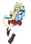  :d ahoge animal_ears cat_ears cat_tail detached_sleeves dodome-iro_mayonnaise fang green_eyes green_hair hood hood_down hoodie open_mouth original sharon_(dodomayo) short_hair sleeveless sleeveless_hoodie smile solo tail thighhighs 