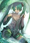  closed_eyes flat_chest green_hair hatsune_miku long_hair novelia sitting skirt solo thighhighs twintails very_long_hair vocaloid water 