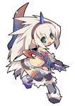  bad_id bad_pixiv_id blade blue_eyes blush boots elbow_gloves eyebrows_visible_through_hair full_body gloves hairband holding holding_weapon horn kirin_(armor) long_hair monster_hunter navel open_mouth simple_background solo weapon white_background white_hair zankuro 