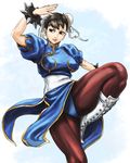  boots bracelet brown_eyes brown_hair bun_cover china_dress chinese_clothes chun-li double_bun dress earrings jewelry legs muscle pantyhose pelvic_curtain sash solo spiked_bracelet spikes street_fighter thick_thighs thighs usatarou 