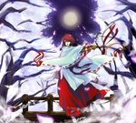  brown_hair cherry_blossoms detached_sleeves fan full_moon japanese_clothes meiko miko moon open_mouth petals red_eyes ribbon short_hair solo uya vocaloid 