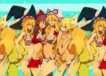  akishima_kei bad_id bad_pixiv_id bikini blonde_hair breast_envy breasts frown hakurei_reimu hat kirisame_marisa large_breasts medium_breasts multiple_girls one_eye_closed smile strap_slip swimsuit tail touhou witch_hat yakumo_ran yakumo_yukari 