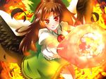  black_wings blue_vert bow brown_hair explosion feathers hair_bow long_hair red_eyes reiuji_utsuho solo touhou wings 