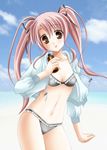  bad_id bad_pixiv_id bikini bottle brown_eyes copyright_request day highres jacket kirihara_natsuki long_hair lotion pink_hair solo sunscreen swimsuit tongue twintails 
