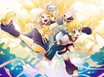  1girl blonde_hair brother_and_sister detached_sleeves hair_ribbon hima_(ab_gata) kagamine_len kagamine_rin necktie one_eye_closed open_mouth ribbon short_hair shorts siblings smile twins vocaloid yellow_neckwear 