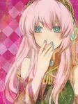 bad_id bad_pixiv_id blue_eyes covering_mouth hand_over_own_mouth headphones long_hair megurine_luka oharu pink_hair solo vocaloid 