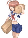  ahoge blush box brown_eyes brown_hair cardboard_box carrying carrying_over_shoulder carrying_under_arm copyright_request crop_top flat_chest fumio_(rsqkr) holding holding_box midriff pleated_skirt school_uniform serafuku short_hair skirt solo 