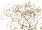  3girls bad_id bad_pixiv_id brown circlet dragon_quest dragon_quest_iii fighter_(dq3) grin happy helmet migii_(tenra_banshou) monochrome multiple_girls roto sage_(dq3) sketch smile soldier_(dq3) traditional_media 