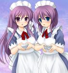  bad_id bad_pixiv_id blue_eyes clannad fujibayashi_kyou fujibayashi_ryou heart heart_hands long_hair maid mizukami_ryouma moe_moe_kyun! multiple_girls purple_eyes purple_hair short_hair siblings sisters twins 