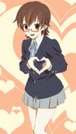  brown_eyes brown_hair glasses heart heart_hands k-on! manabe_nodoka moe_moe_kyun! red-framed_eyewear sakaki_kuuya school_uniform semi-rimless_eyewear short_hair solo under-rim_eyewear 