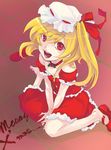  akaya bad_id bad_pixiv_id barefoot blonde_hair blood christmas flandre_scarlet hair_ribbon hat one_side_up open_mouth ponytail red_eyes ribbon shoes short_hair single_shoe solo touhou 