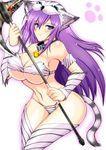  animal_ears animal_print axe bare_shoulders bell bell_collar berserker_(final_fantasy) bikini blue_eyes blush breasts collar faris_scherwiz final_fantasy final_fantasy_v fur highres large_breasts narrow_waist purple_hair solo swimsuit tail thighhighs tiger_print underboob weapon yasakani_an 