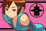  brown_hair copyright_request go_robots hair_ornament hairclip leaning_forward ninja red_eyes short_hair shuriken smile solo 