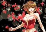  b.m. bare_shoulders breasts brown_eyes brown_hair bug butterfly cleavage insect large_breasts lipstick makeup meiko microphone midriff navel solo vocaloid 