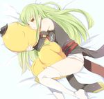  bare_shoulders belt blush boots c.c. cheese-kun code_geass detached_sleeves feet_out_of_frame fetal_position gloves green_hair hat high_heels hug kl long_hair lying on_side pizza_hut shoes solo thigh_boots thighhighs yellow_eyes 