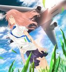  aircraft airplane blurry breasts cloud complexplane day depth_of_field dutch_angle grass jet large_breasts long_hair navel necktie open_clothes open_shirt original pink_eyes pink_hair school_uniform shirt skirt sky solo wind 