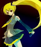  ahoge akita_neru bad_id bad_pixiv_id blonde_hair brown_eyes detached_sleeves gm long_hair microphone necktie side_ponytail skirt solo vocaloid yellow_neckwear 