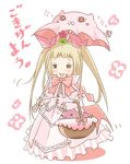  =_= alternate_color alternate_costume bad_id bad_pixiv_id basket blazblue blonde_hair bow cat dress gii long_hair nago out_of_character pink_bow rachel_alucard ribbon shii_(niku-9) solo twintails 