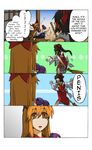  4koma broom comic crazy_eyes drunk gourd hair_ribbon hakurei_reimu hard_translated highres horns ibuki_suika japanese_clothes long_hair miko multiple_girls outstretched_arms poorly_translated ribbon spread_arms tori_(hiyoko_bazooka) touhou translated 