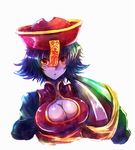  blue_hair blue_skin blush_stickers breasts cleavage cleavage_cutout hat jiangshi kara_(color) large_breasts lei_lei ofuda red_eyes solo vampire_(game) 