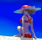  back bare_shoulders bikini breasts brown_hair day flower hat konpasu large_breasts looking_back meiko open_mouth short_hair sky smile solo straw_hat swimsuit vocaloid 