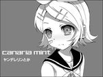  bandaid blush bow face greyscale hair_bow hair_ornament hairclip headphones headset kagamine_rin konayama_kata lowres monochrome sailor_collar short_hair solo treble_clef vocaloid 