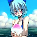  bare_shoulders beach blue_eyes blue_hair blush cirno day eating food holding holding_spoon ice_cream onimaru_gonpei shaved_ice short_hair solo spoon swimsuit touhou 