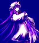  bow bowtie crescent crescent_hair_ornament hair_ornament hanuu hat long_hair long_sleeves looking_at_viewer mob_cap patchouli_knowledge purple purple_eyes purple_hair ribbon simple_background solo touhou 
