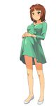  a1 amami_haruka aqua_eyes blush brown_hair dress full_body green_dress hair_ribbon hands_together idolmaster idolmaster_(classic) interlocked_fingers long_sleeves parted_lips pregnant ribbon short_hair simple_background solo standing white_background white_footwear 