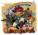  3girls :o angry ayla_(chrono_trigger) belt blonde_hair blue_eyes blush boots cape cat chrono_trigger crono fantasy fingernails frog fur glasses green_eyes hat headband himeno_yuuma jewelry kaeru_(chrono_trigger) left-handed long_hair lucca_ashtear marle messy_hair midriff moon multiple_girls pants pendant ponytail purple_hair rainbow red_hair robo robot scarf short_hair smile spiked_hair star sweat sword weapon wrist_cuffs 