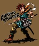  chrono_trigger crono green_eyes headband left-handed looking_back male_focus rainbow red_hair solo sword weapon wristband yapo_(croquis_side) 