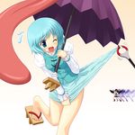  afterimage aqua_hair black_hair black_wings blue_eyes blue_hair blue_skirt camera geta green_skirt hat karakasa_obake magic_hand motion_blur multiple_girls one_eye_closed paparazzi purple_umbrella shameimaru_aya short_hair skirt skirt_lift skirt_pull skirt_tug tatara_kogasa tokin_hat tongue touhou umbrella wings yamasan 