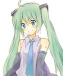  ahoge bad_id bad_pixiv_id bare_shoulders blue_eyes detached_sleeves green_hair grin hatsune_miku kutsushita_(tokati_r) long_hair simple_background sketch smile solo twintails upper_body vocaloid 
