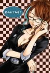  adjusting_eyewear black-framed_eyewear blue_eyes breasts brown_hair cleavage glasses hikari_natsumi kamen_rider kamen_rider_dcd kamen_rider_den-o_(series) medium_breasts one_eye_closed solo tongue tongue_out urataros yuusuke_(uj15yaku) 