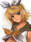  bad_id bad_pixiv_id blonde_hair blue_eyes hair_ornament hair_ribbon hairclip headphones kagamine_rin midriff navel oharu ribbon short_hair smile solo vocaloid 