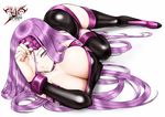  breasts choker cleavage dress fate/stay_night fate_(series) huge_breasts kutani legs long_hair lying on_side purple_eyes purple_hair rider solo strapless strapless_dress thighhighs very_long_hair 