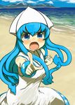  beach blue_hair blush day dress gigokku hat ikamusume long_hair pointing shinryaku!_ikamusume solo tears 