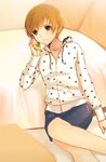  bed brown_eyes brown_hair cellphone hijiri_ruka hood hoodie persona persona_4 phone polka_dot polka_dot_hoodie satonaka_chie short_hair skirt solo talking_on_phone 