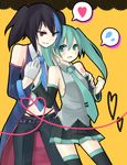  aqua_eyes aqua_hair aqua_neckwear bad_id bad_pixiv_id black_hair blue_eyes blue_neckwear blush crossover detached_sleeves gloves hatsune_miku heart height_difference heterochromia holding_hands long_hair multiple_girls necktie pants red_eyes single_glove skirt smile speech_bubble spoken_heart spoken_sweatdrop sweat sweatdrop thighhighs twintails utau vocaloid wadaka yokune_ruko 