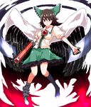  arm_cannon asymmetrical_legwear black_hair black_wings bow cape collared_shirt frilled_bow frills green_bow grey_eyes hair_bow koke_(moromiso) long_hair reiuji_utsuho shirt short_sleeves skirt solo third_eye touhou weapon wings 