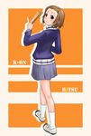  back bad_id bad_pixiv_id blush brown_eyes brown_hair drumsticks hairband jacket k-on! looking_back namine0079 pleated_skirt school_uniform shoes short_hair skirt smile socks solo tainaka_ritsu tomboy track_jacket uwabaki white_legwear 