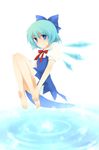  bad_id bad_pixiv_id barefoot blue_eyes blue_hair cirno dress feet hands_on_feet meimone ribbon smile solo touhou water wings 