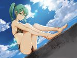  bad_id bad_pixiv_id barefoot bikini cloud day dutch_angle earphones feet hands_on_feet hatsune_miku jpeg_artifacts long_hair shiika_sadamasa short_twintails sitting sky solo swimsuit twintails vocaloid 