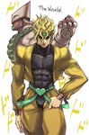  blonde_hair contrapposto dio_brando earrings evil_smile green_eyes hand_on_belt jacket jewelry jojo_no_kimyou_na_bouken lips looking_at_viewer male_focus multiple_boys muscle sleeveless sleeveless_turtleneck smile stand_(jojo) standing stardust_crusaders tetsu_(kimuchi) the_world turtleneck white_background yellow_eyes yellow_jacket 