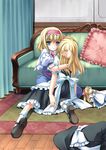  alice_margatroid blonde_hair blue_eyes couch curtains doll floral_print frilled_pillow frills hairband hat hat_removed headwear_removed hug kirisame_marisa mary_janes multiple_girls no_hat no_headwear pillow ribbon rug shanghai_doll shoes sunlight takatsukasa_yue touhou unconscious witch_hat yandere |_| 