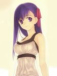  arm_at_side bangs bare_shoulders beige_background breasts closed_mouth collarbone duplicate eyebrows_visible_through_hair fate/stay_night fate_(series) hair_ribbon koyama_hirokazu looking_at_viewer matou_sakura medium_breasts purple_eyes purple_hair red_ribbon ribbon see-through_silhouette sleeveless smile solo straight_hair upper_body 