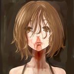  album_cover andrew_wk blood blood_on_face brown_background brown_eyes brown_hair cover face hair_over_eyes hirasawa_yui i_get_wet k-on! kito_(coyo) lips messy_hair nosebleed parody portrait short_hair solo 
