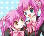  blue_eyes bow brown_eyes futaki_kanata hair_bobbles hair_ornament half_updo little_busters! long_hair multiple_girls pink_bow pink_hair purple_hair ryokka saigusa_haruka school_uniform side_ponytail 