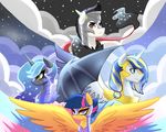  armor bat_wings black_fur blue_eyes draconequus equine female fur hair horn horse kilala97 male mammal my_little_pony original_character pegasus pony prince_illusion purple_eyes starburst two_tone_hair white_fur winged_unicorn wings yellow_fur 